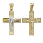 Δίχρωμος χρυσός σταυρός Κ14 διπλής όψης διακοσμημένος με τον Εσταυρωμένο