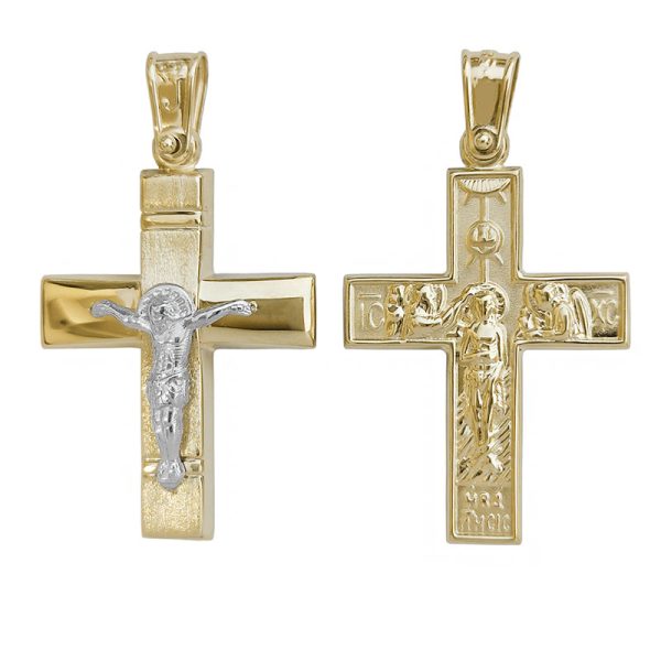 Δίχρωμος χρυσός σταυρός Κ14 διπλής όψης διακοσμημένος με τον Εσταυρωμένο
