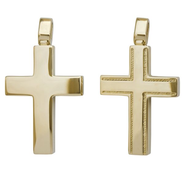 Χρυσός Σταυρός Κ14 απλός λουστρέ, τετράγωνος, διπλής όψης