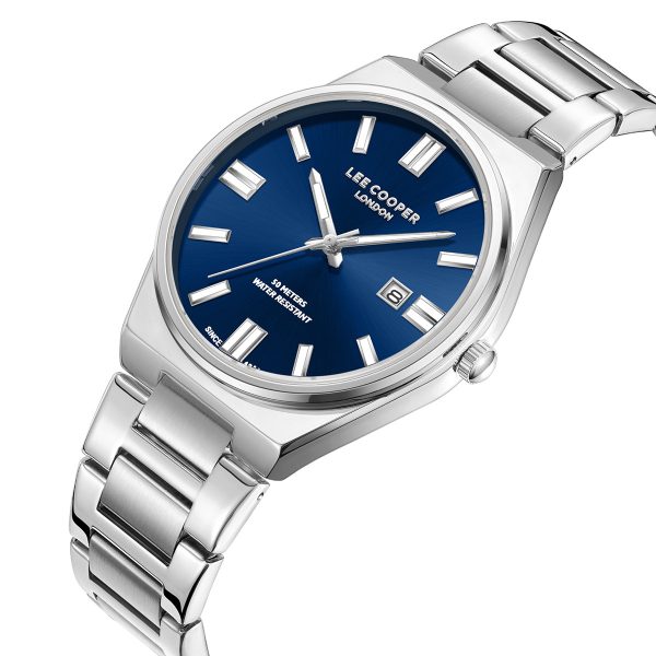 Ανδρικό ρολόι Lee Cooper LC08262.390 με ασημί μπρασελέ και μπλε καντράν