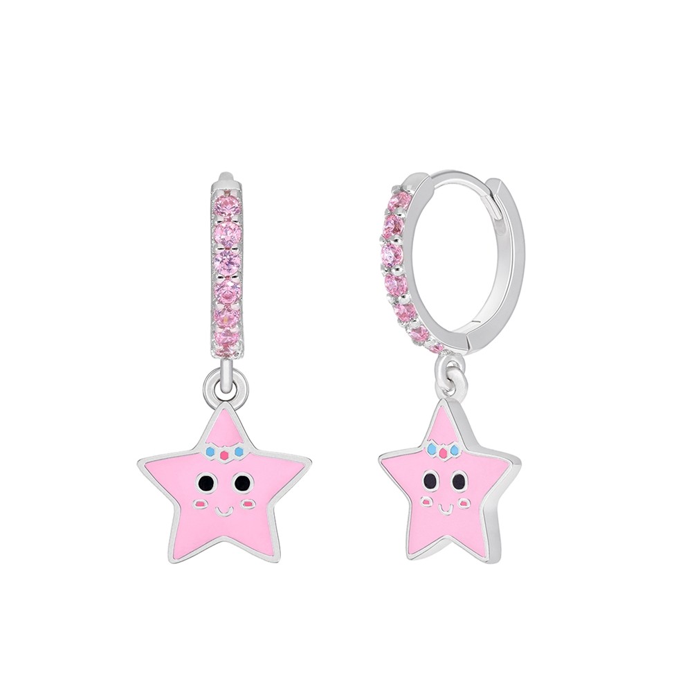 Ασημένια παιδικά σκουλαρίκια Marea με σχέδιο αστεράκι και ροζ ζιργκόν