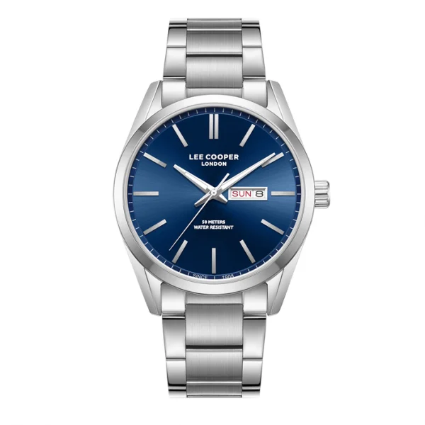 Ανδρικό ρολόι Lee Cooper LC08340.390 με ασημί μπρασελέ και μπλε καντράν