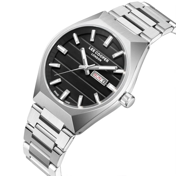 Ανδρικό ρολόι Lee Cooper LC08363.350 με ασημί μπρασελέ και μαύρο καντράν