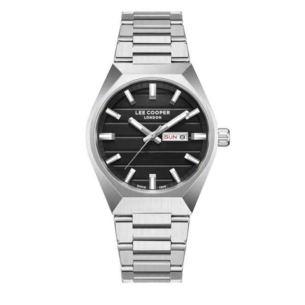 Ανδρικό ρολόι Lee Cooper LC08363.350 με ασημί μπρασελέ και μαύρο καντράν