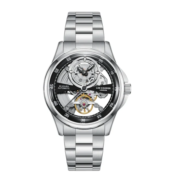 Ανδρικό αυτόματο ρολόι Lee Cooper LC08383.350 με ασημί μπρασελέ και μαύρο καντράν