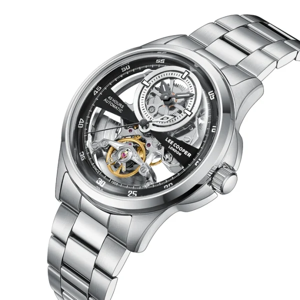 Ανδρικό αυτόματο ρολόι Lee Cooper LC08383.350 με ασημί μπρασελέ και μαύρο καντράν
